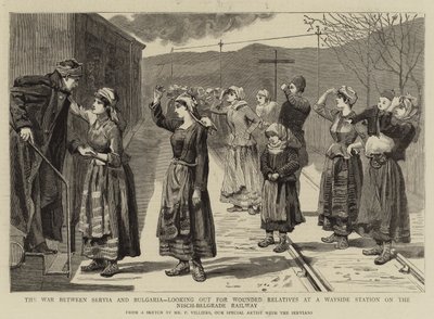 La guerre entre la Serbie et la Bulgarie, à la recherche de parents blessés à une station de chemin de fer sur la ligne Nisch-Belgrade - Frederic Villiers